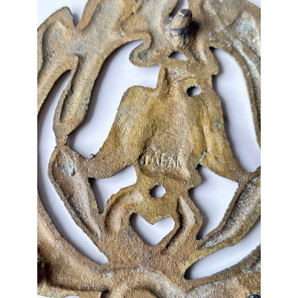 Vintage Brass Eagle Wreath Trivet Set of 2 Made in Japan Heart Detail 7